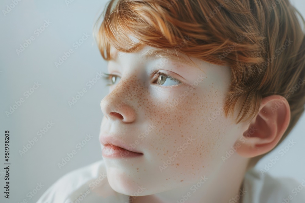 A serene close-up portrait of a red-haired, freckled child looking pensively into the distance with soft daylight illuminating their face. A serene close-up portrait of a red-haired, freckled child looking pensively into the distance with soft daylight illuminating their face.