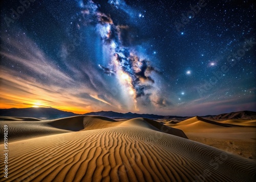 Dramatic low-angle shot of starry night sky with sweeping curves of sand dunes in foreground, conveying vastness and isolation of desert landscapes