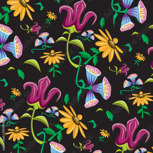 Abstract Wild Flowers Seamless Pattern Wild Meadow florals , colorful Flower bouquet delicate wildflowers. botanical floral on a  black background.  summer floral field for textile, nature wallpaper.