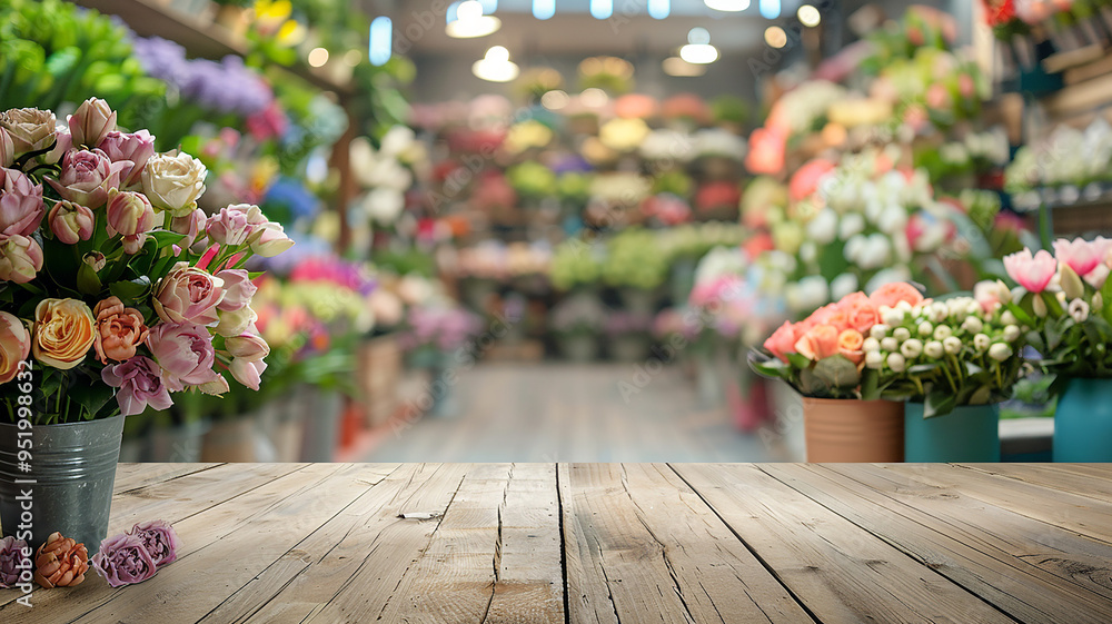 Beautiful Flower Shop on Wooden Floor With Blurred Beautiful Flower Shop on Wooden Floor With Blurred