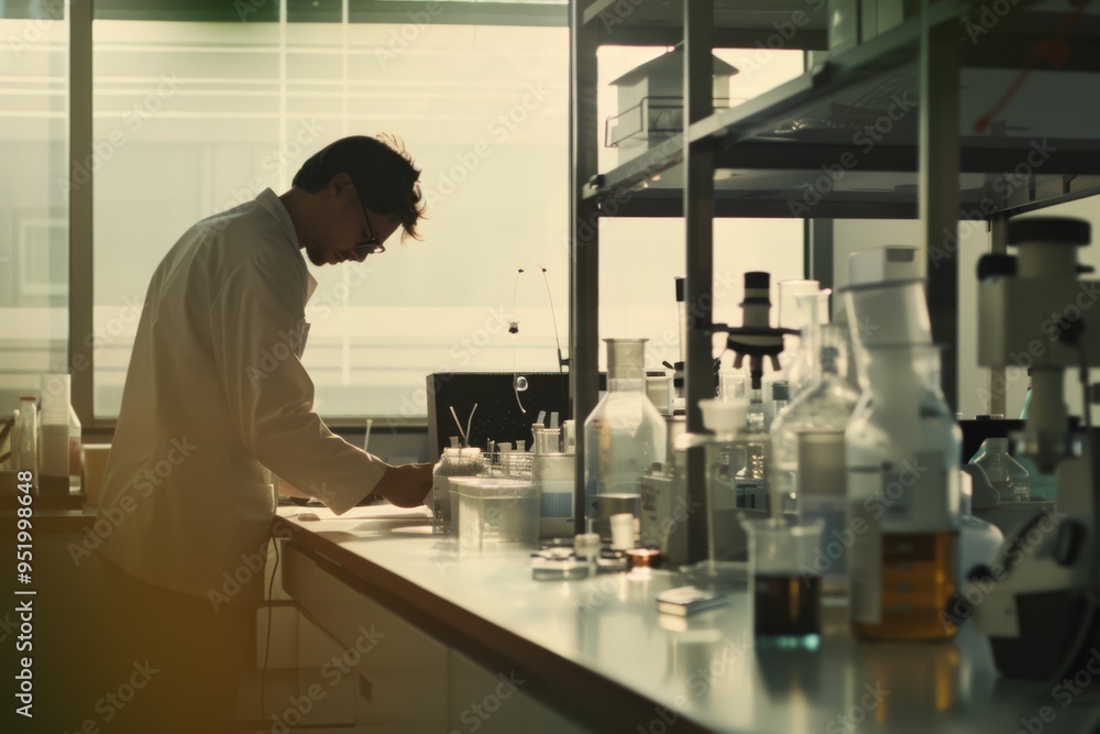 A researcher in a bright laboratory, actively engaged in writing observations, surrounded by various scientific instruments and glassware. A researcher in a bright laboratory, actively engaged in writing observations, surrounded by various scientific instruments and glassware.