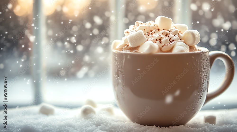 A warm cup of hot chocolate with marshmallows sits on a snowy surface, creating a cozy and inviting winter scene. A warm cup of hot chocolate with marshmallows sits on a snowy surface, creating a cozy and inviting winter scene.