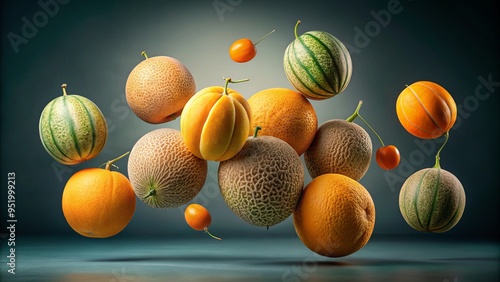 a photo image of a cluster of variously sized and colored ripe cantaloupes suspended in mid-air, seemingly held aloft by an invisible force photo