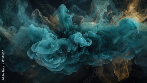 Mesmerizing swirling smoke patterns in blue and orange, ethereal abstract shapes, dark background, artistic visual, smoke art concept