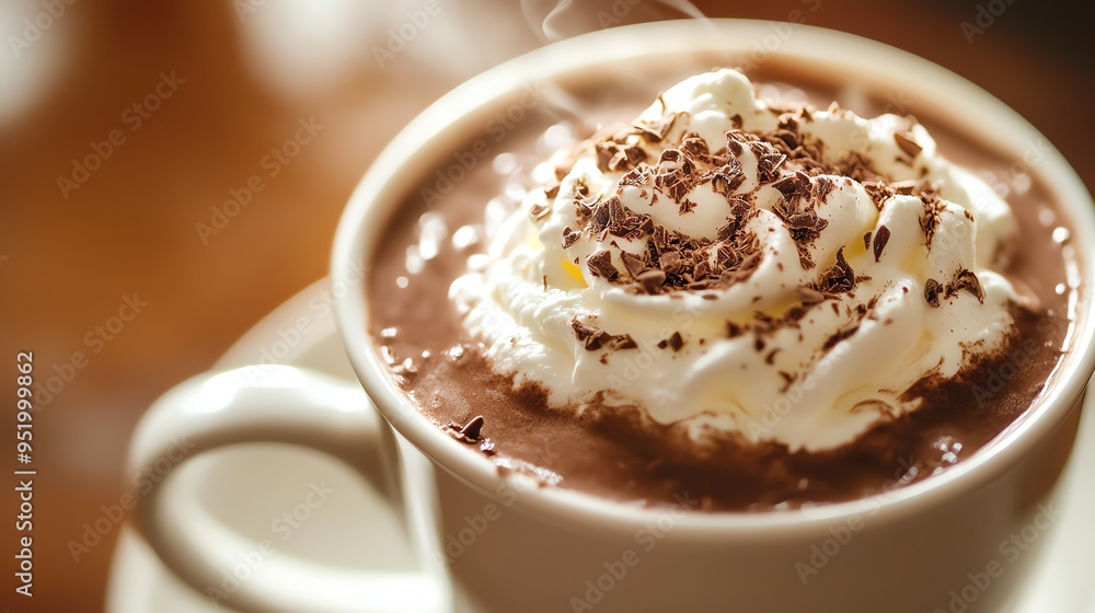 A close-up of a steaming cup of hot chocolate topped with whipped cream and chocolate shavings. A close-up of a steaming cup of hot chocolate topped with whipped cream and chocolate shavings.