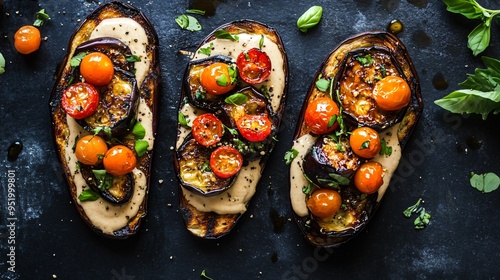 Bruschetta with roasted eggplant and cherry tomatoes, drizzled with tahini on a dark, moody background photo