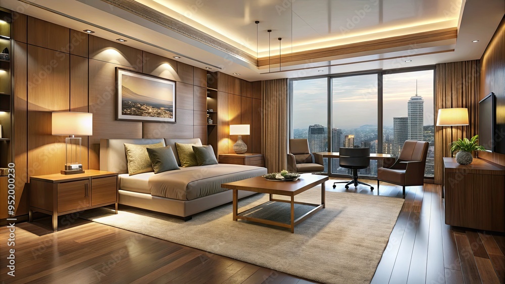 Fototapeta premium Contemporary executive suite warm lighting wooden accents minimalist backdrop