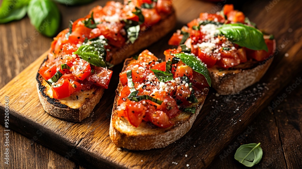 Bruschetta with roasted tomatoes, fresh basil, and a sprinkle of Parmesan on a vintage wooden board Bruschetta with roasted tomatoes, fresh basil, and a sprinkle of Parmesan on a vintage wooden board