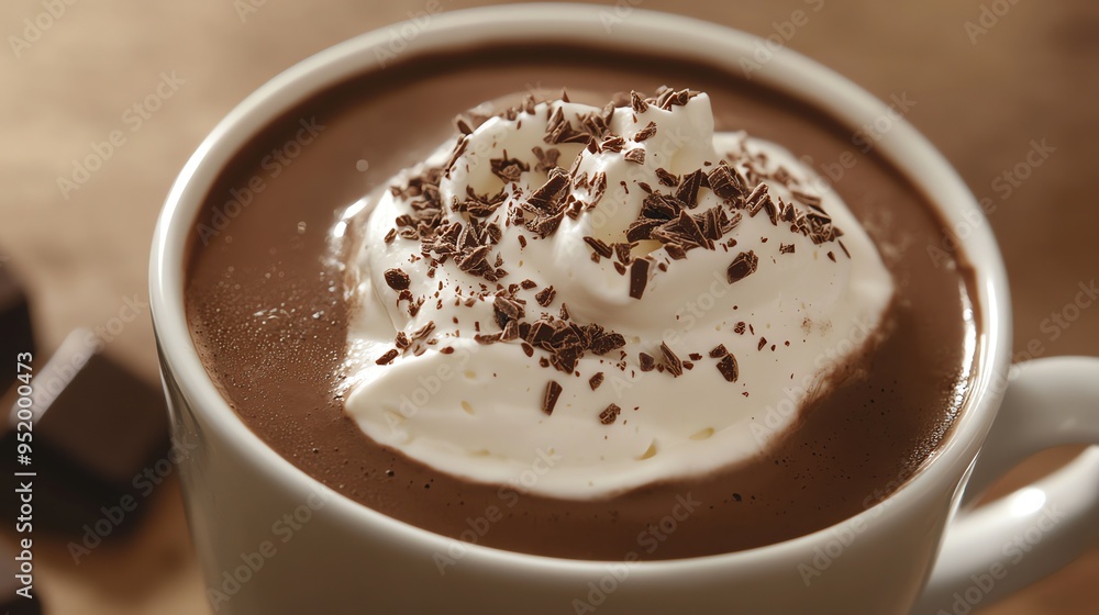 A close-up of a cup of hot chocolate topped with whipped cream and chocolate shavings. A close-up of a cup of hot chocolate topped with whipped cream and chocolate shavings.