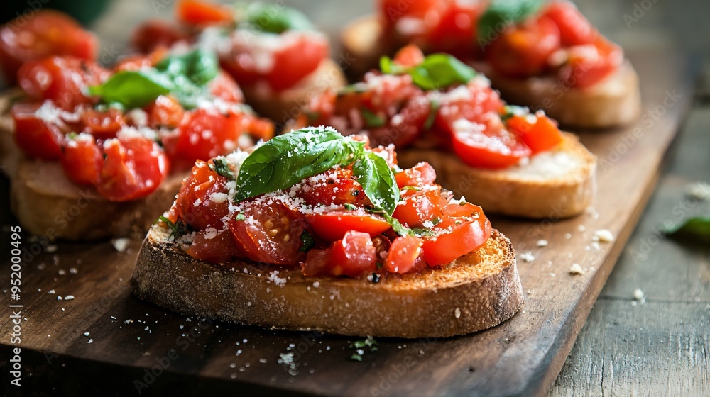 Bruschetta with roasted tomatoes, fresh basil, and a sprinkle of Parmesan on a vintage wooden board Bruschetta with roasted tomatoes, fresh basil, and a sprinkle of Parmesan on a vintage wooden board