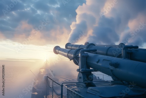 Thick clouds of smoke billow from the naval guns of a battleship, creating a dramatic scene under an overcast sky.