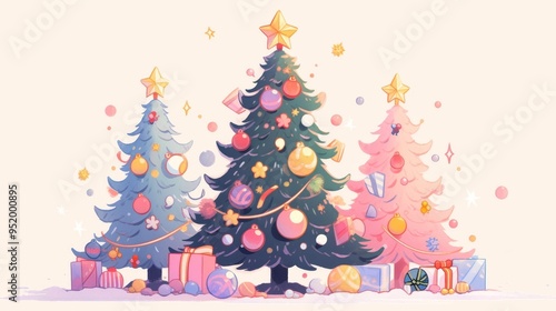 Three vibrant Christmas trees adorned with colorful ornaments and presents, creating a festive holiday atmosphere.