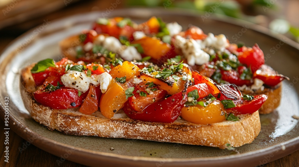 Roasted bell pepper and goat cheese bruschetta on a toasted slice of ciabatta, served on a ceramic plate Roasted bell pepper and goat cheese bruschetta on a toasted slice of ciabatta, served on a ceramic plate