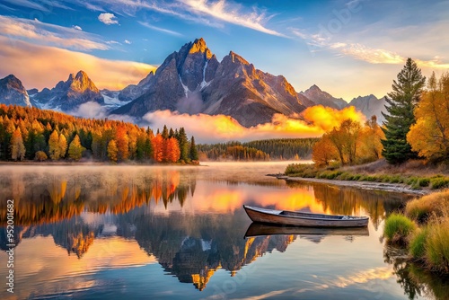 majestic grand teton dawn misty mountainscape warm golden light reflecting serene jackson lake vibrant autumn foliage towering granite peaks rustic wooden boat moored photo