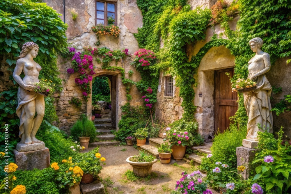 Fototapeta premium whimsical overgrown garden scene with wildflowers and vines climbing up ancient stone statues in a forgotten romantic italian villa courtyard