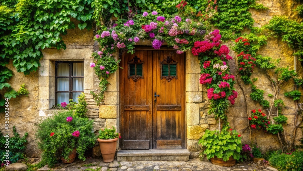 rustic rustic charm of a weathered wooden door covered in cascading flowering vines and surrounded by lush greenery in a quaint french countryside rustic rustic charm of a weathered wooden door covered in cascading flowering vines and surrounded by lush greenery in a quaint french countryside