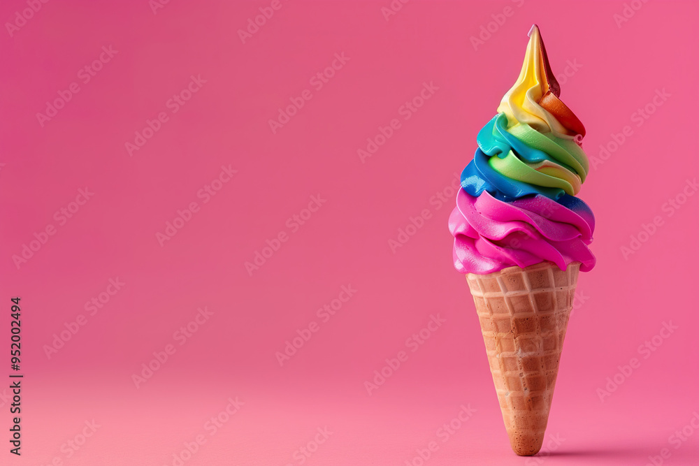 ,Rainbow color ice cream in a cone on a pink background ,Rainbow color ice cream in a cone on a pink background