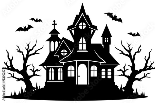 Haunted House Vector Illustration - Black Silhouette Designs on White Background, Line Art & Outline Vector