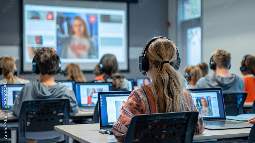 custom made wallpaper toronto digitalA classroom setup with students wearing headphones, with a projector screen displaying educational content in the background