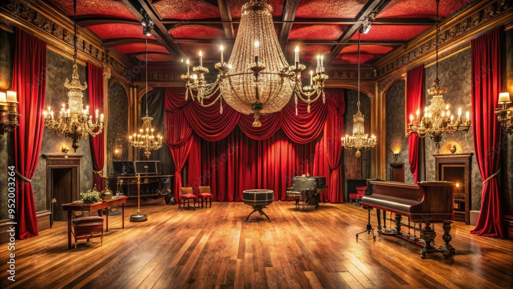 Fototapeta premium theatrical recording studio with dramatic red curtains and ornate chandeliers set against a backdrop of classic analog equipment in opulent luxury tone