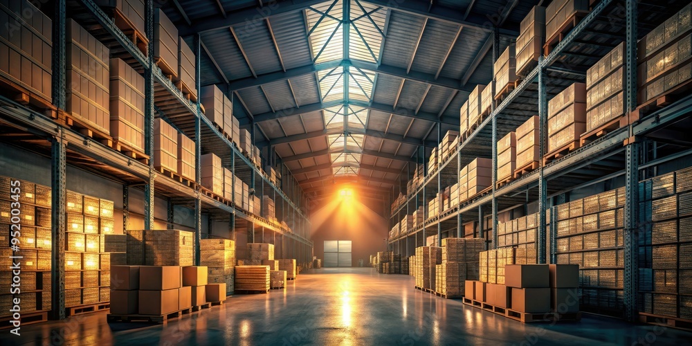 Fototapeta premium dimly lit warehouse at dusk with long shadows and rows of stacked boxes in a moody atmospheric scene with a sense of mystery