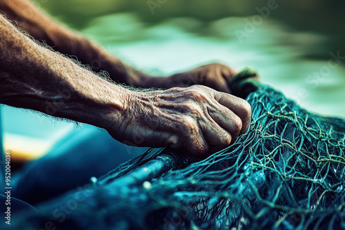 Weathered male hands holding a fishing net with focus on detail. photo