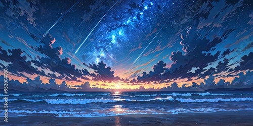 A breathtaking digital illustration of a vibrant sunset over a vast ocean, with a stunning display of shooting stars and a starry night sky. The scene evokes feelings of wonder, peace, and tranquility