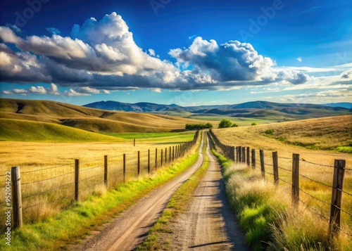 fence posts disappearing into rolling hills along rural road flanked by vast open ranch land at midday with bright blue sky