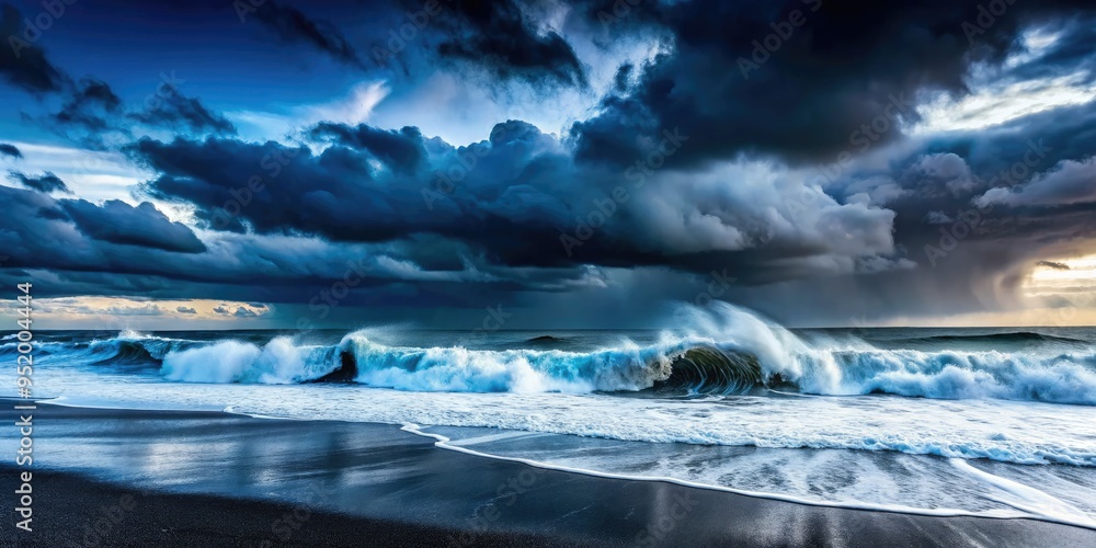 Naklejka premium Dramatic Dark Blue Ocean Waves Crashing Black Sandy Beach Stormy Clouds Extreme Weather Moody High Contrast Landscape Photography