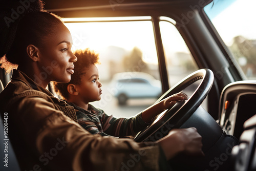 African female truck driver with her child in the cab at sunset..