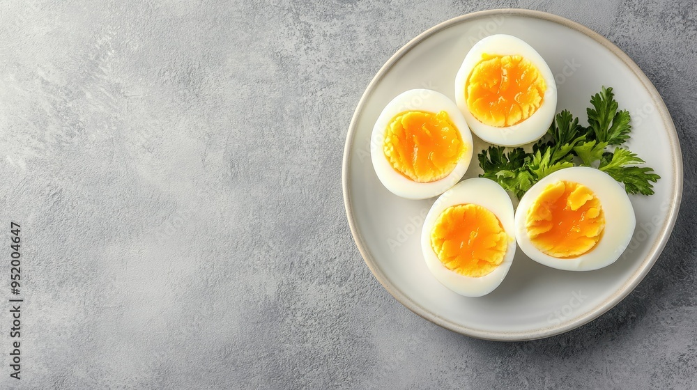 Boiled eggs sliced in half with bright yolks, text space for health benefits Boiled eggs sliced in half with bright yolks, text space for health benefits