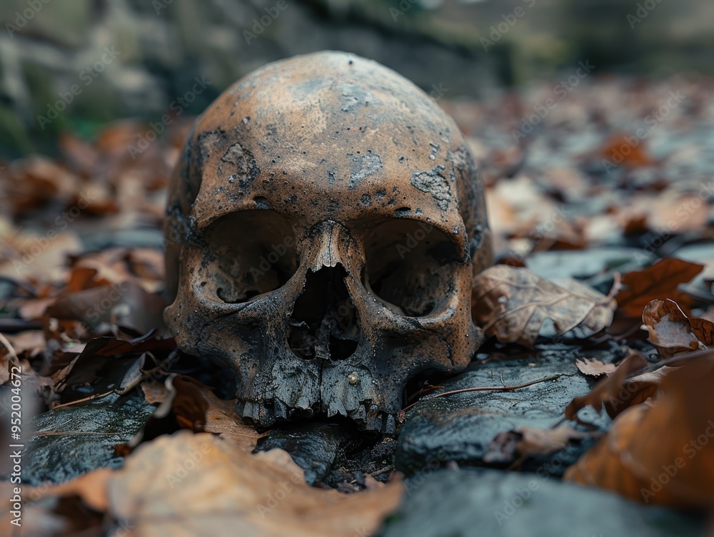 A weathered and ancient human skull rests among fallen autumn leaves on a cobblestone path, evoking a sense of mystery and the passage of time A weathered and ancient human skull rests among fallen autumn leaves on a cobblestone path, evoking a sense of mystery and the passage of time