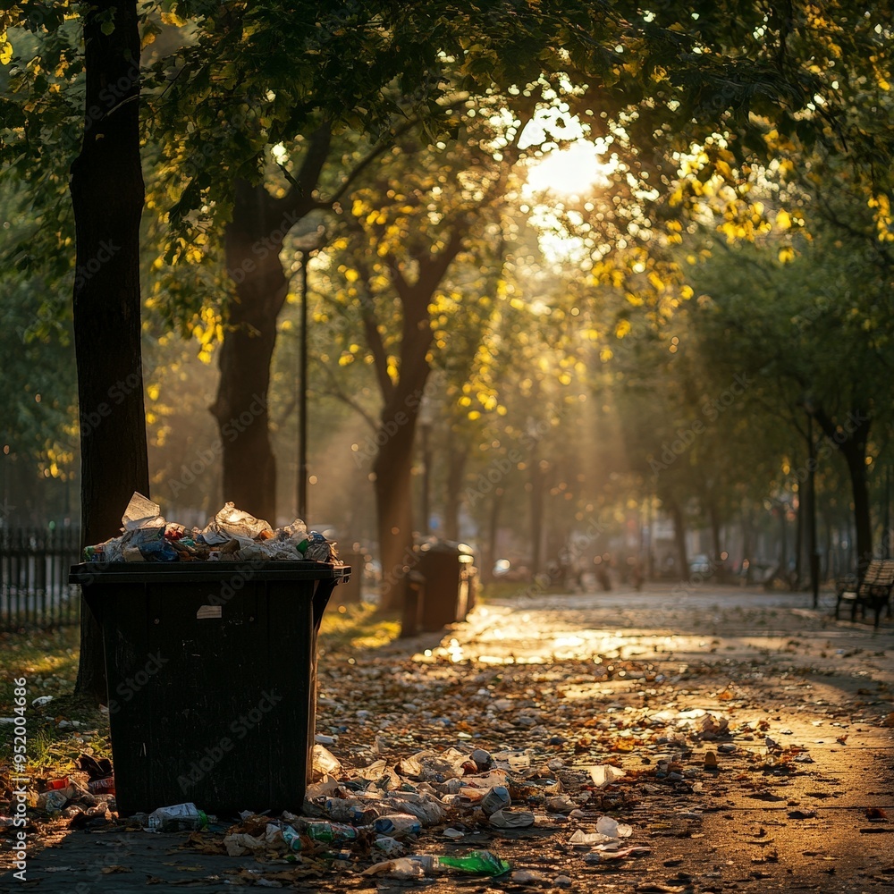 Overflowing Trash Bin in a Serene City Park Overflowing Trash Bin in a Serene City Park