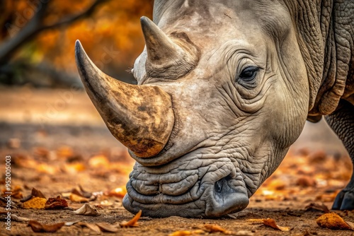 a photo image of a close-up of a rhino's wrinkled grey skin with large horn protruding from nose, surrounded by dry leaves and sandy soil photo