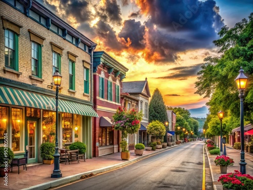 Quirky small-town main street no trucks charming nostalgic atmosphere vintage color palette soft focus whimsical mood community concept