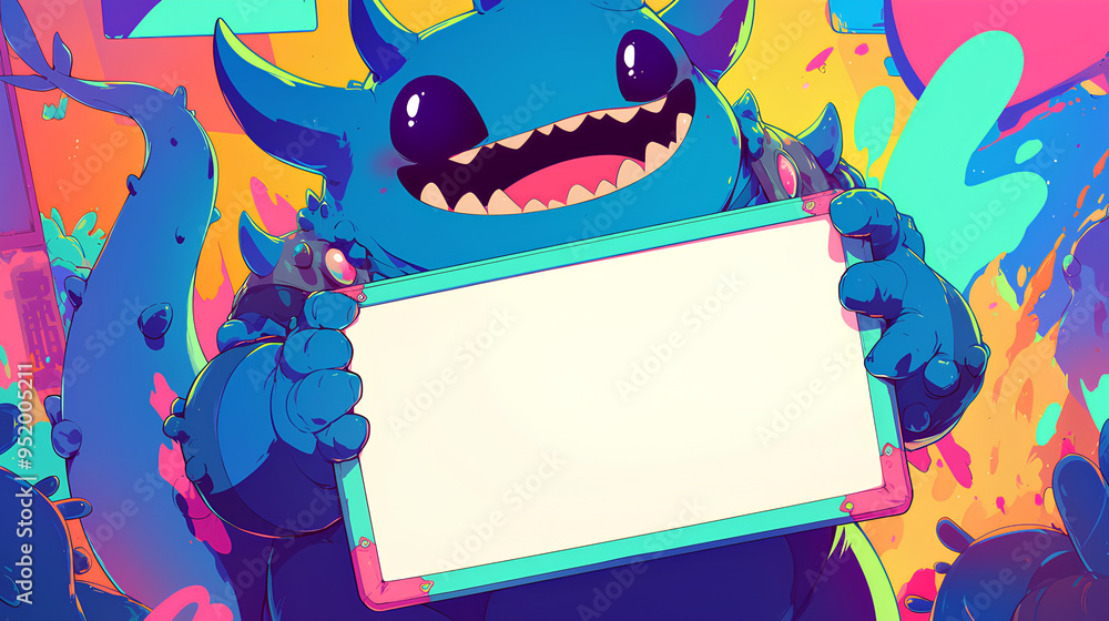 Naklejka premium cute monster holding up a blank sign, colorful cartoon character, empty banner,, anime style, cute kawaii, simple, smiling happy. neon psychedelic background