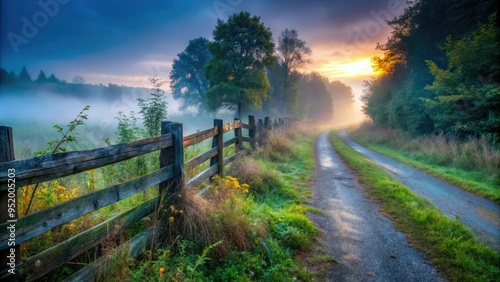 forgotten wooden fence reemerges from overgrown vegetation along abandoned rural road in abandoned ranch at eerie twilight with foggy atmosphere photo