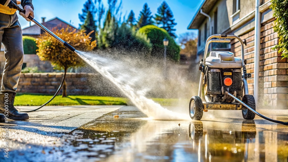 a photo image of a powerful pressure washer in motion, blasting away dirt and grime from a concrete driveway, with water spray visible a photo image of a powerful pressure washer in motion, blasting away dirt and grime from a concrete driveway, with water spray visible