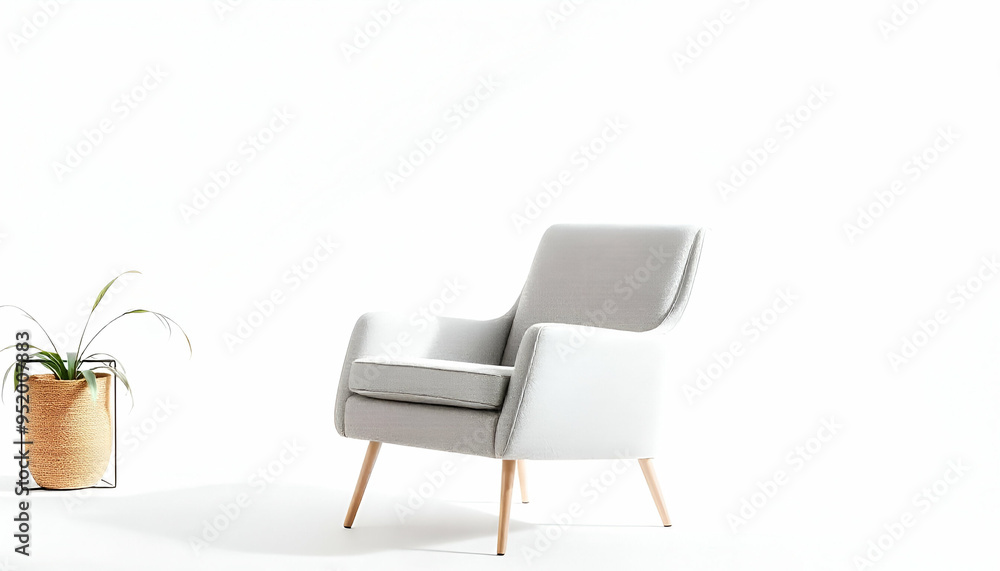 A modern, minimalist white armchair with wooden legs against a plain white background A modern, minimalist white armchair with wooden legs against a plain white background
