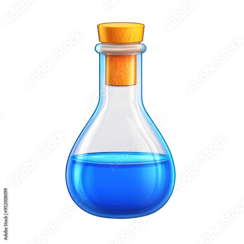 3D A clear laboratory flask filled with vibrant blue liquid. Perfect for science-related projects and educational materials. transparent background