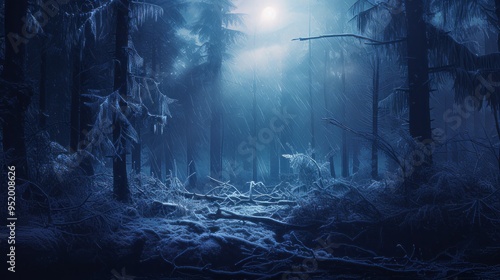 Night in a dark blue forest in winter time. Neural network ai generated art