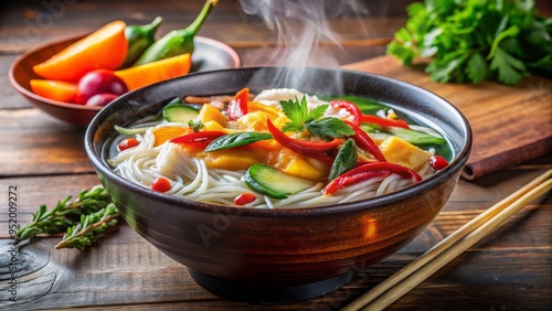 Photo image of a steaming hot bowl of Thai noodle soup filled with colorful vegetables and a generous portion of springy rice noodles.