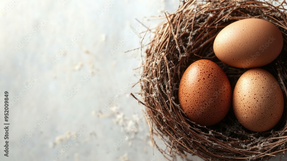 Brown eggs in a nest, text space for natural living themes Brown eggs in a nest, text space for natural living themes