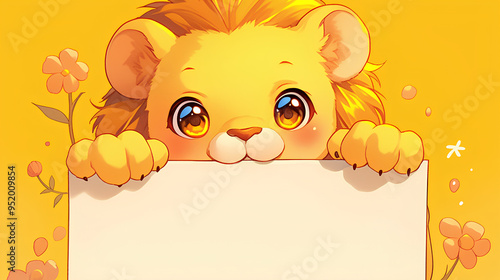 cute lion holding up a blank sign, colorful cartoon character, empty banner,, anime style, cute kawaii, simple, smiling happy. isolated background photo