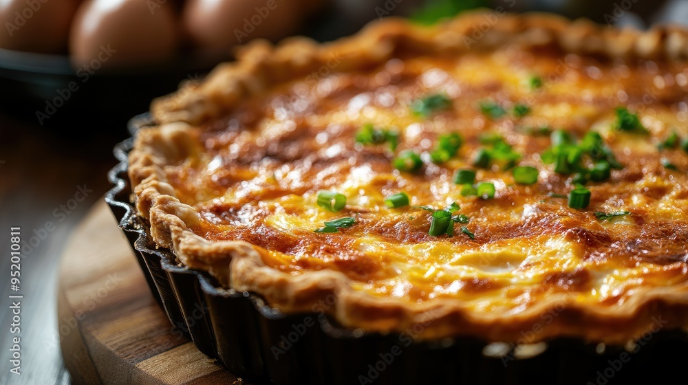 Close-up of a golden quiche with eggs, text space for brunch menu Close-up of a golden quiche with eggs, text space for brunch menu