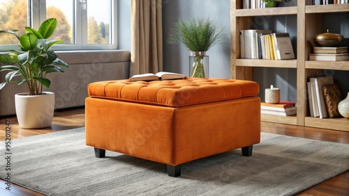 A photo image of a soft and cozy vibrant orange plush ottoman with storage space for placing cushions, books, or decorative items on a modern living room floor.