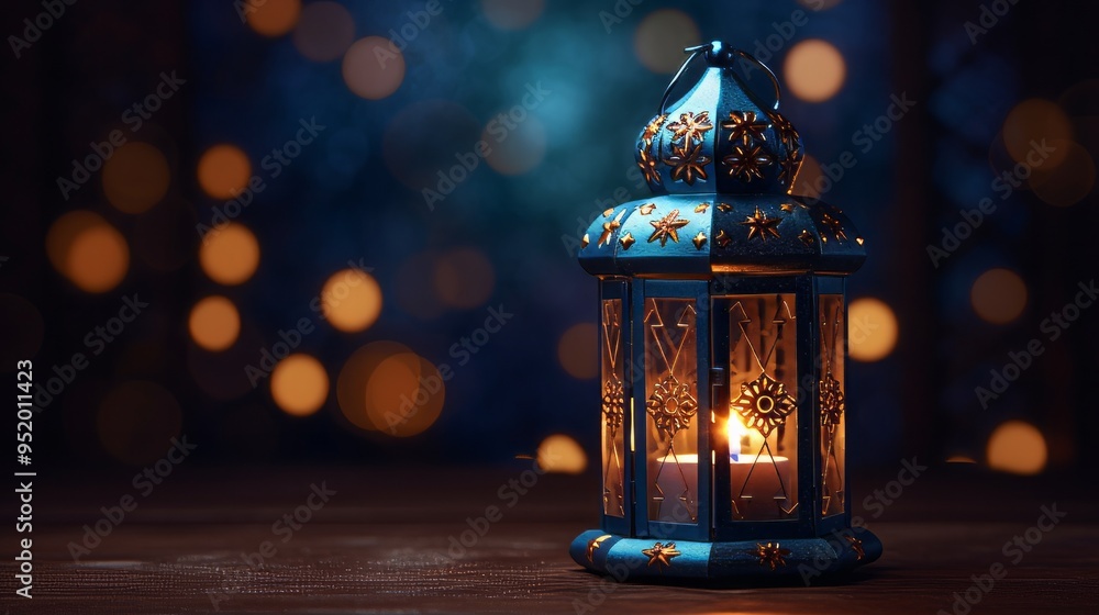 Ornamental Arabic lantern with burning candle glowing at night. Neural network ai generated art Ornamental Arabic lantern with burning candle glowing at night. Neural network ai generated art