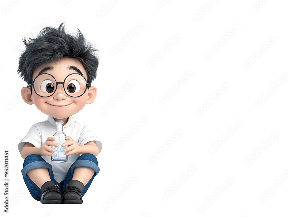 Happy Cartoon Boy Holding a Glass Bottle with Snow Happy Cartoon Boy Holding a Glass Bottle with Snow