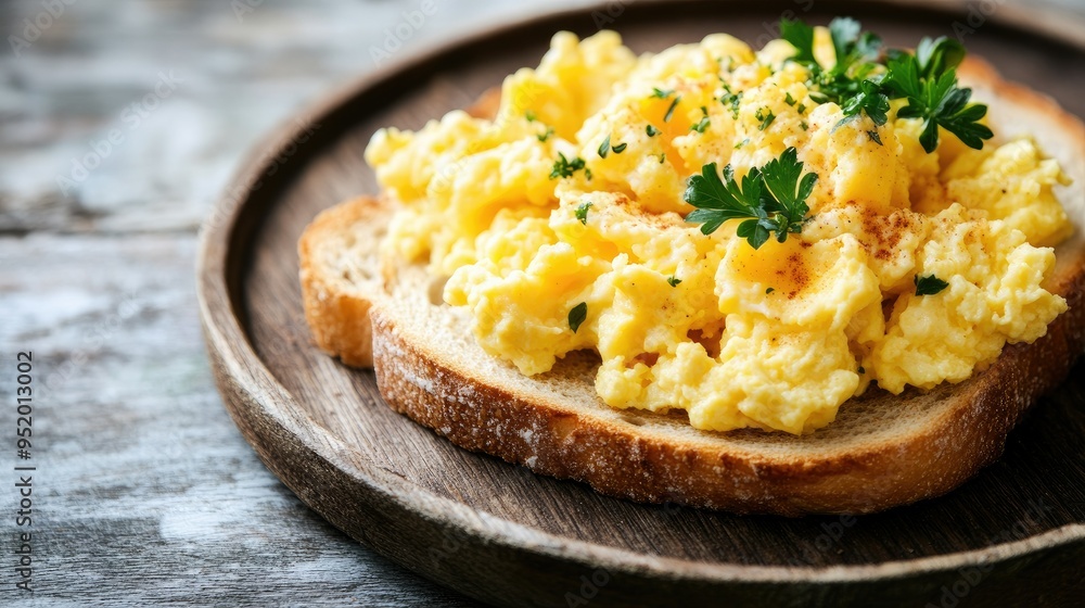 Soft scrambled eggs on a toast, text space for quick meal ideas Soft scrambled eggs on a toast, text space for quick meal ideas