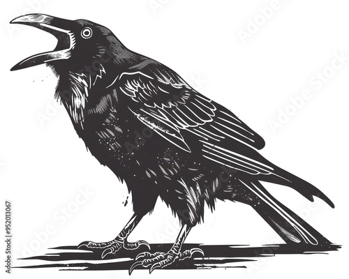 Crow Bird full aggressive expression black and white illustration photo